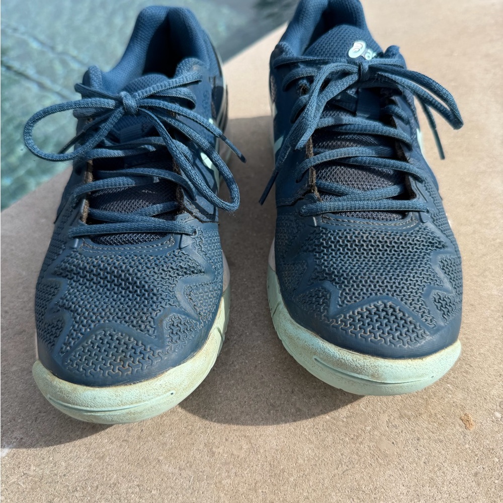 Asics Gel Resolution 8 Kids Blue Sneakers with Mint and Peach Accents - Picture 2 of 10